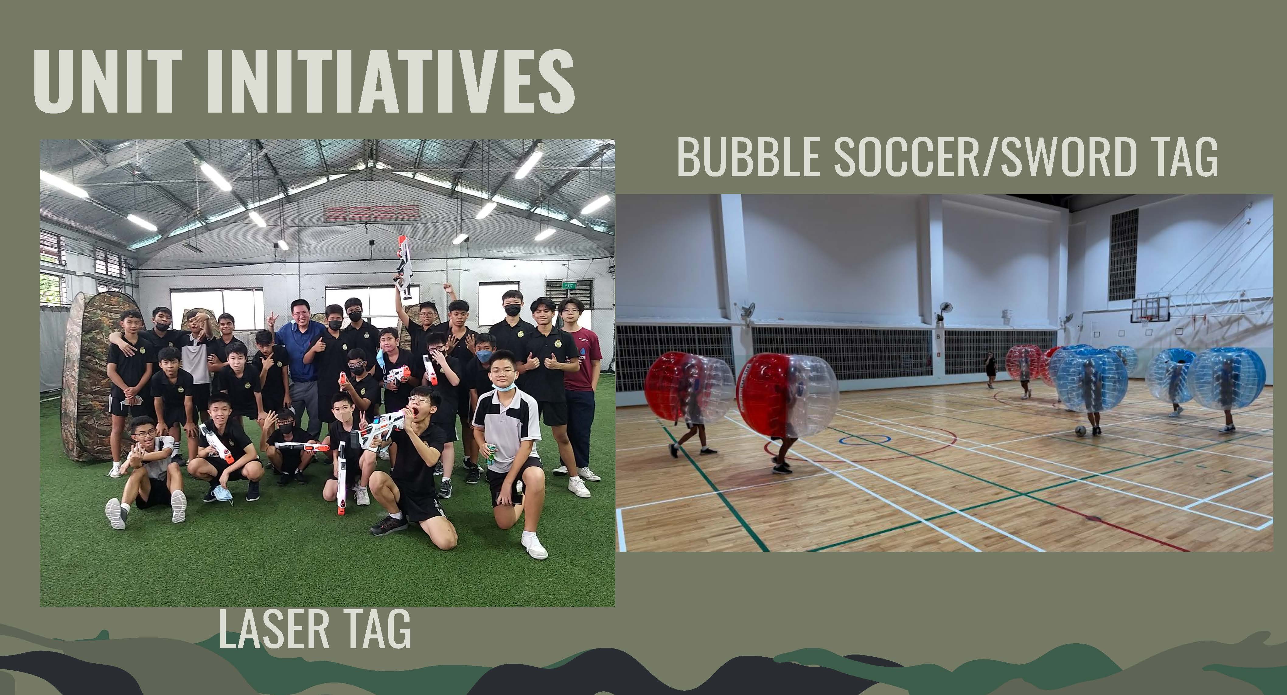Slide titled Unit Initiatives showing group with toy blasters and indoor bubble soccer players in inflatable balls.